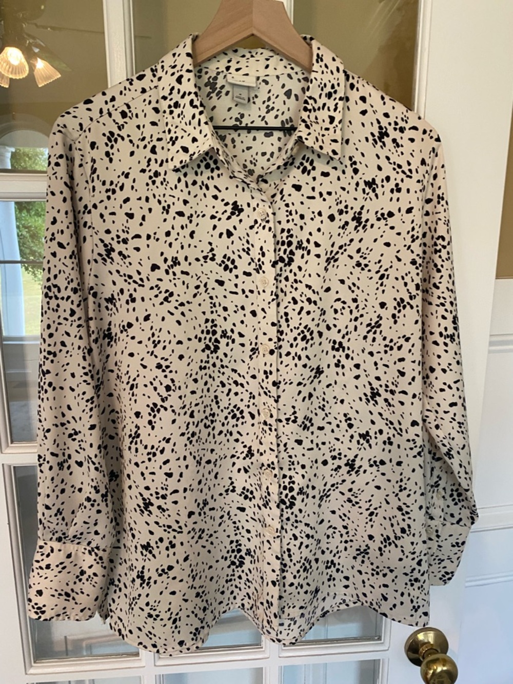 a new day Cream Button-Up Blouse with Black Speckle Print